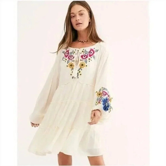 Free People Spell On You Floral Keyhole Neck Long Sleeve Mini Dress XS - Picture 1 of 5